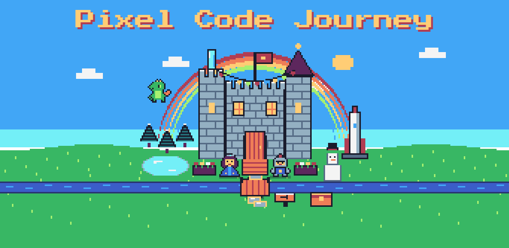 Pixel Code Journey: The Spark Kingdom: a pixel-art castle under a rainbow, with the princess, the robot and a little dragon