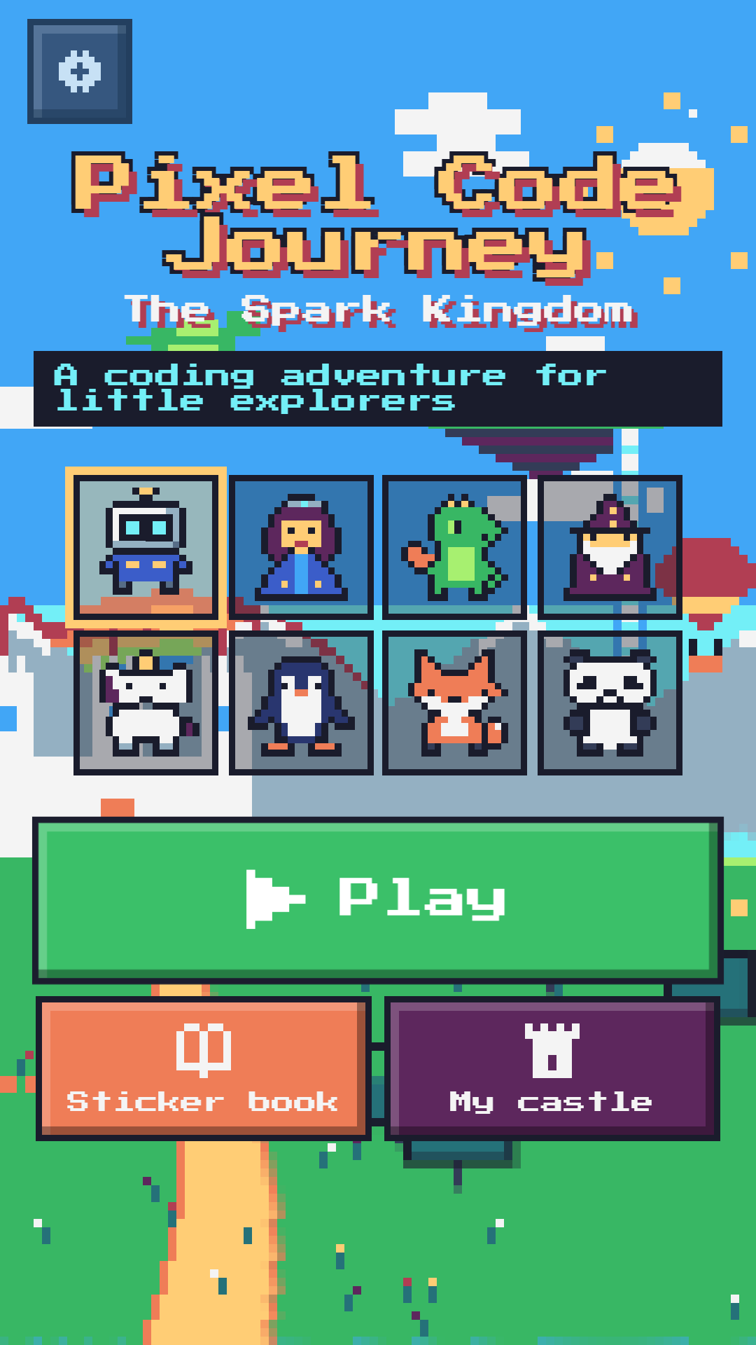 The home screen with eight characters to choose from